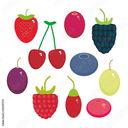 Cherry Strawberry Raspberry Blackberry Blueberry Cranberry Cowberry Goji Grape  seamless pattern Fresh juicy berries on white background. Vector