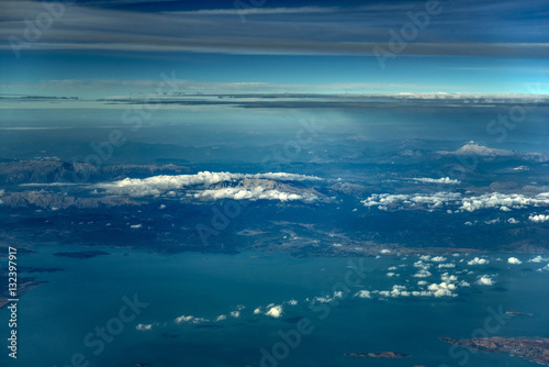 The mountains on the coast sea, view from the top. Photo from the plane. Turkey. 
