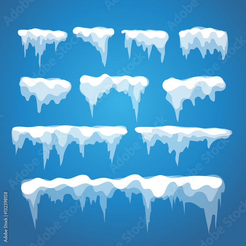 Fototapet Vector icicle and snow elements on blue background. Different sn