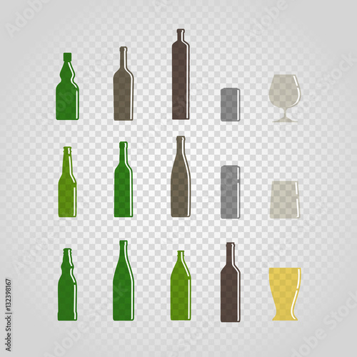Different bottles and glasses set isolated on transparent