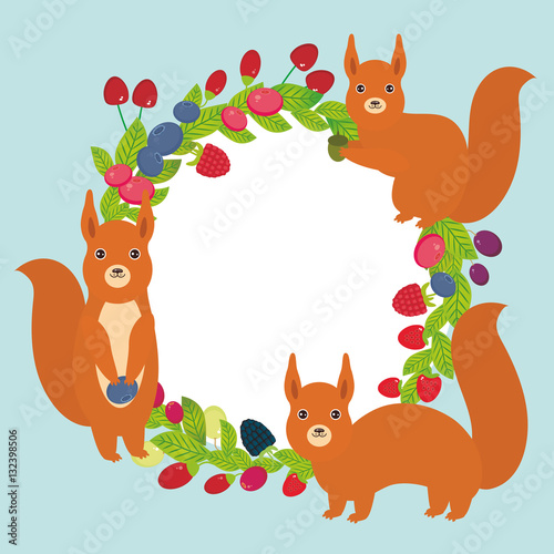 Round wreath with red squirrels Cherry Strawberry Raspberry Blackberry Blueberry Cranberry Cowberry Goji Grape Fresh juicy berries on blue background. Vector