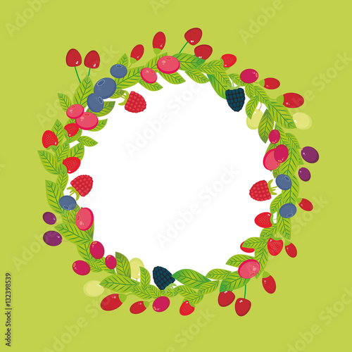 Round wreath with Cherry Strawberry Raspberry Blackberry Blueberry Cranberry Cowberry Goji Grape  Fresh juicy berries on green background. Vector
