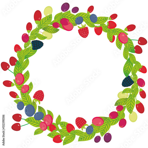 Round wreath with Cherry Strawberry Raspberry Blackberry Blueberry Cranberry Cowberry Goji Grape  Fresh juicy berries on white background. Vector