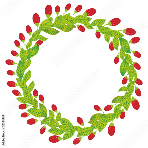 Round wreath with green leaves and red goji berry Fresh juicy berries isolated on white background. Vector