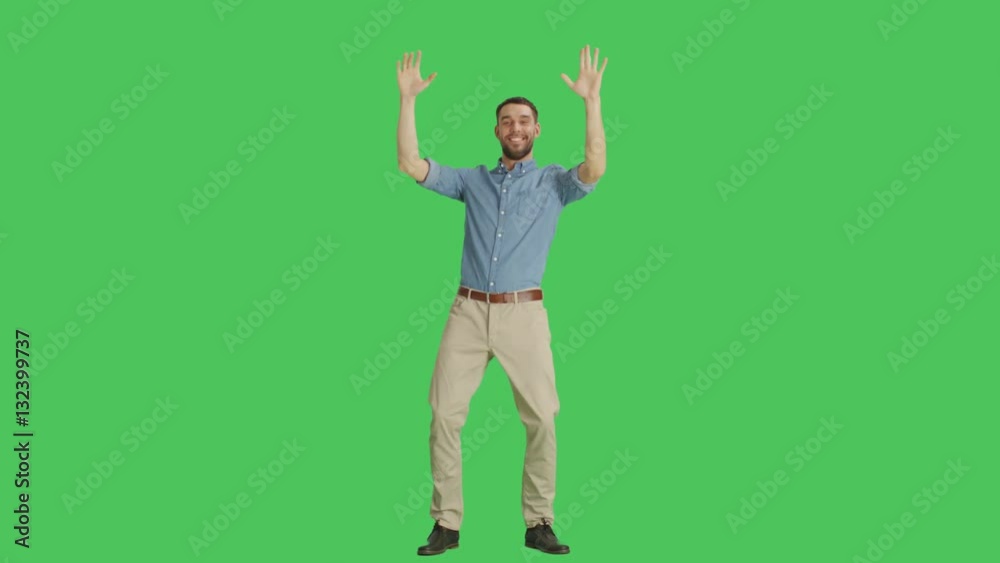 Long Shot of a Casual Man Dancing and Having Fun. Shot on a Green Screen Background. Shot on RED Cinema Camera 4K (UHD). Long Shot of a Casual Man Dancing and Having Fun. Shot on a Green Screen Background. Shot on RED Cinema Camera 4K (UHD).