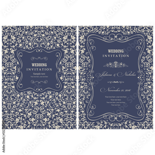 Wedding invitation cards in an vintage-style blue and beige. Beautiful Victorian ornament. Frame with floral elements. Vector illustration.