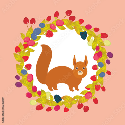 Round wreath with red squirrel, Cherry Strawberry Raspberry Blackberry Blueberry Cranberry Cowberry Goji Grape on pink background. Vector