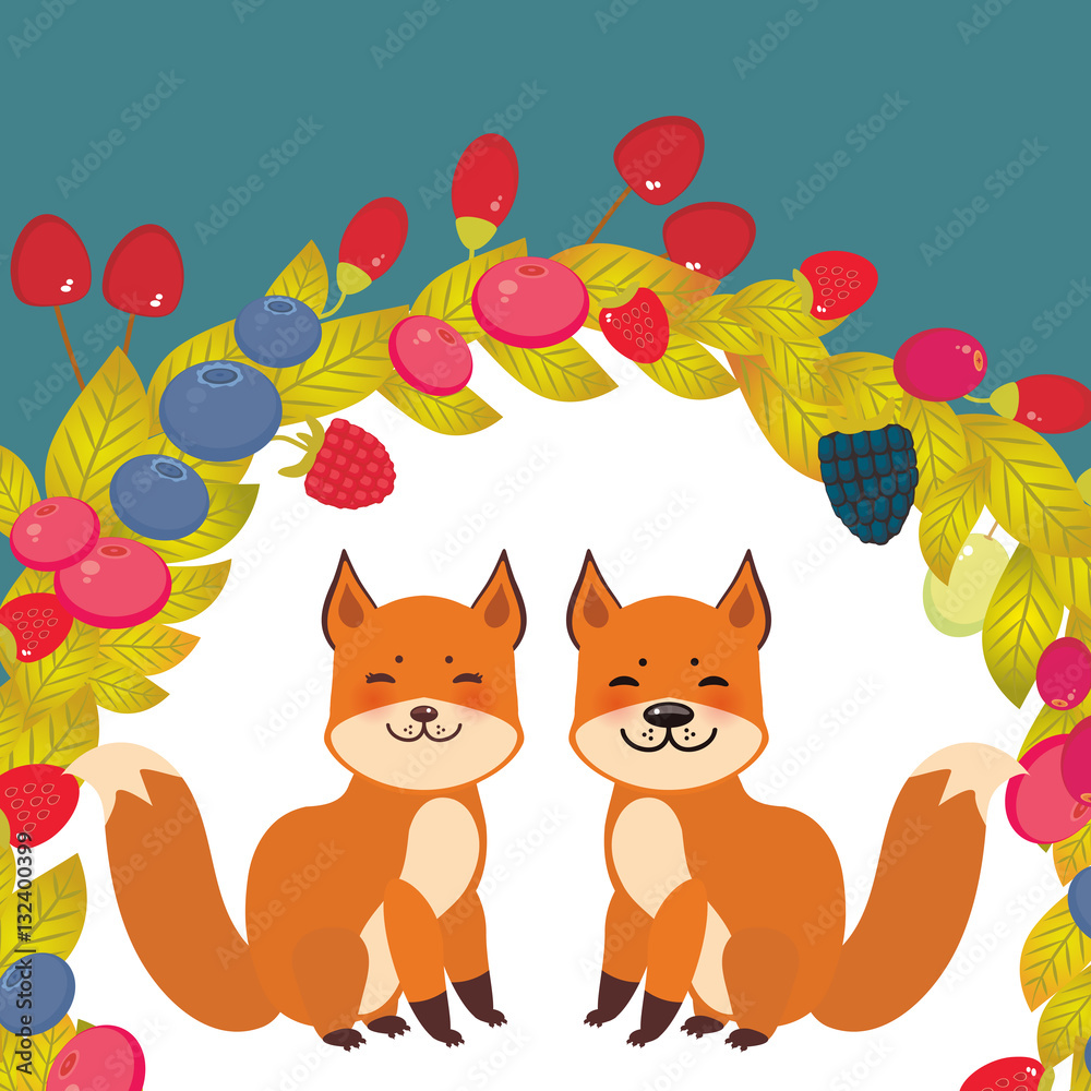 Fototapeta premium Round wreath cute kawaii fox, Cherry Strawberry Raspberry Blackberry Blueberry Cranberry Cowberry Goji Grape on blue background. Vector