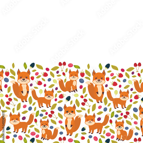 Card design for your text, cute kawaii  fox, Cherry Strawberry Raspberry Blackberry Blueberry Cranberry Cowberry Goji Grape on white background. Vector