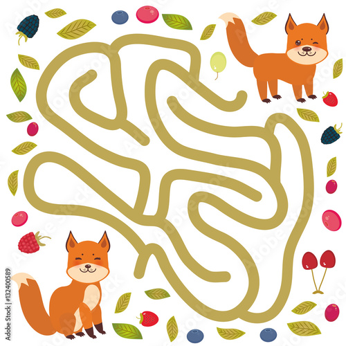  Fox and forest berries on white background  labyrinth game for Preschool Children. Vector
