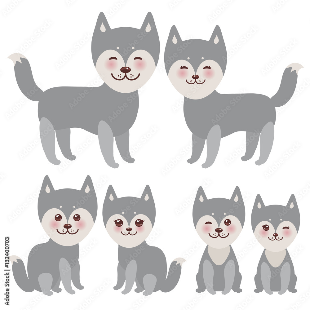 Set kawaii funny gray husky dog, face with large eyes and pink cheeks, boy and girl isolated on white background. Vector