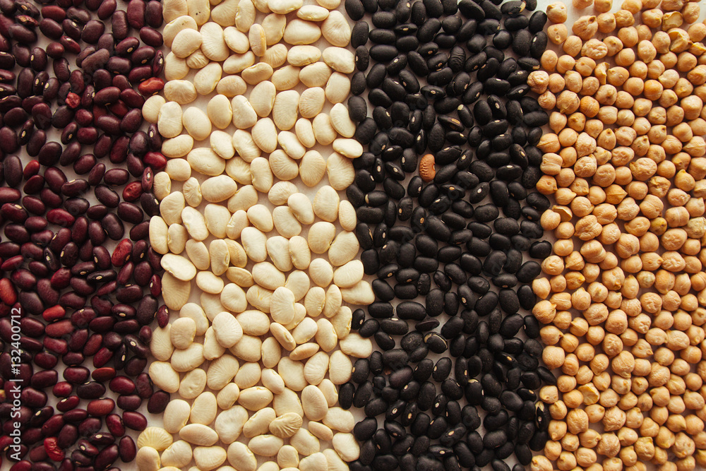 Chickpeas, red, lima and black beans top view Chickpeas, red, lima and black beans top view