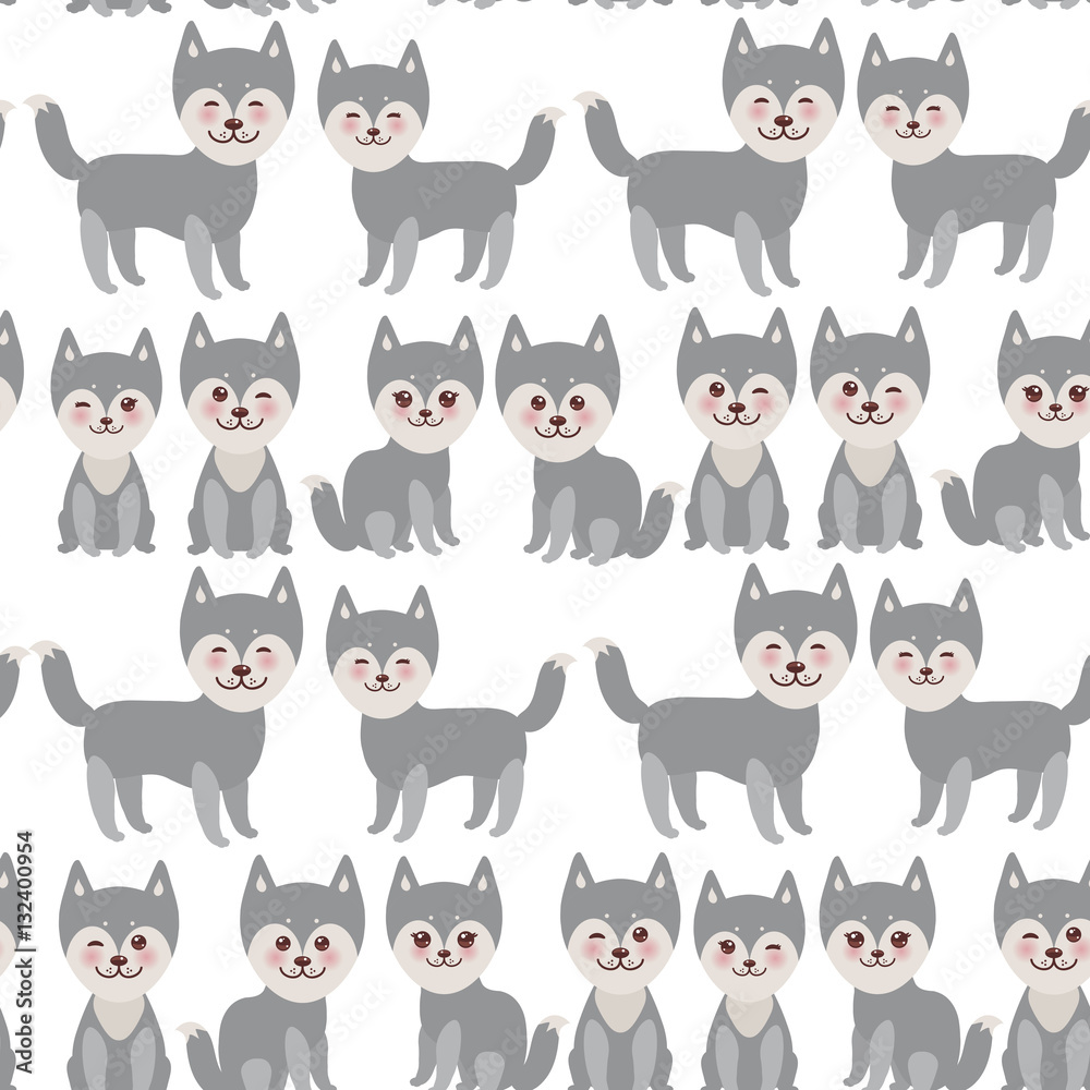 seamless pattern Kawaii funny gray husky dog, face with large eyes and pink cheeks, boy and girl isolated on white background. Vector seamless pattern Kawaii funny gray husky dog, face with large eyes and pink cheeks, boy and girl isolated on white background. Vector