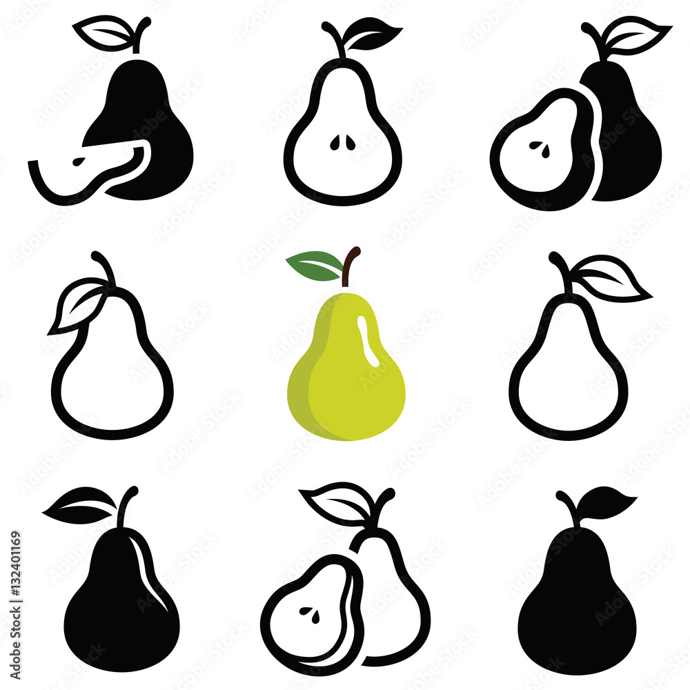 Pear icon collection - vector outline and silhouette Pear icon collection - vector outline and silhouette