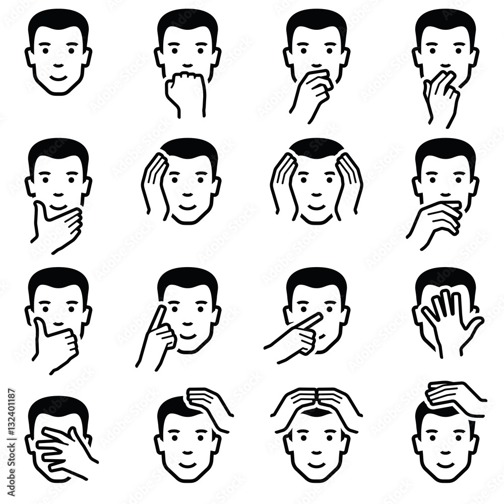 Man face with hand emoticons icon collection - vector outline illustration Man face with hand emoticons icon collection - vector outline illustration
