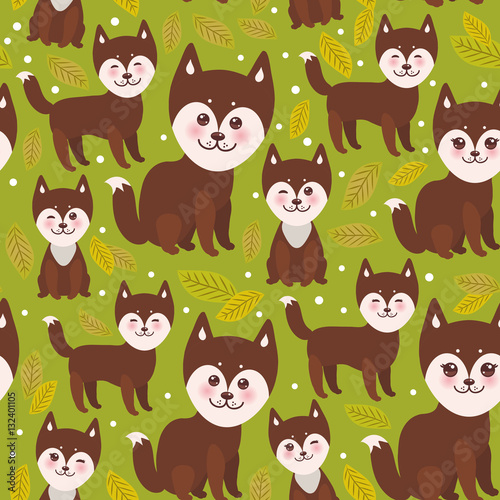 seamless pattern funny brown husky dog and leaves, Kawaii face with large eyes and pink cheeks, boy and girl on green background. Vector