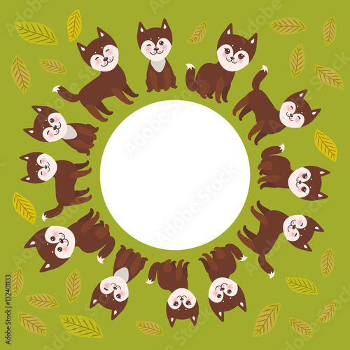 round frame for your text, funny brown husky dog and leaves, Kawaii face with large eyes and pink cheeks, boy and girl on green background. Vector