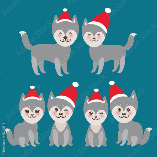  New Year's and Christmas funny gray husky dog in the red hat, Kawaii face with large eyes and pink cheeks, boy and girl  on blue background. Vector