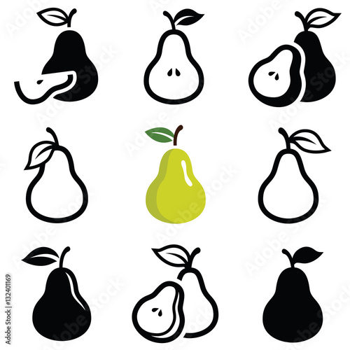 Pear icon collection - vector outline and silhouette