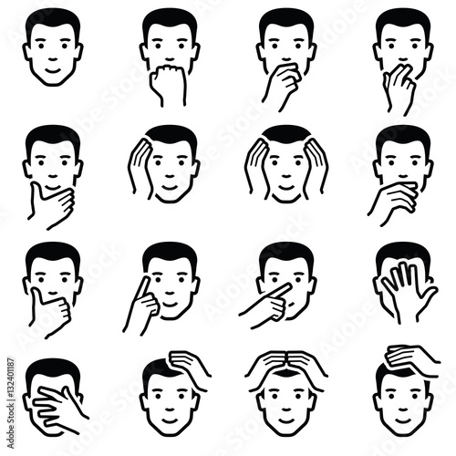 Man face with hand emoticons icon collection - vector outline illustration 