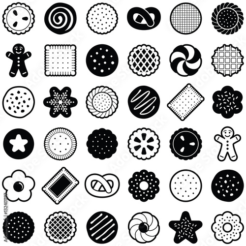 Cookie icon collection - vector outline illustration and silhouette