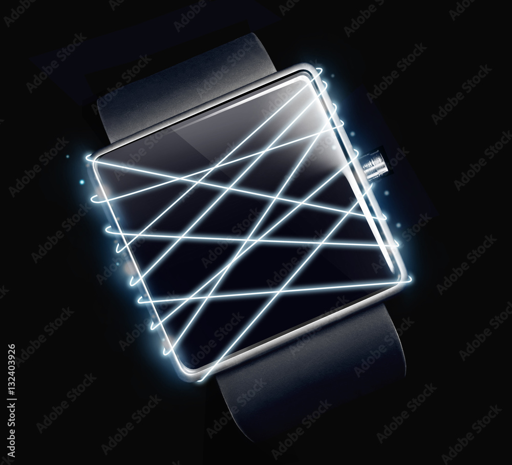 Optical fiber with smartwatch on dark background. Optical fiber with smartwatch on dark background.