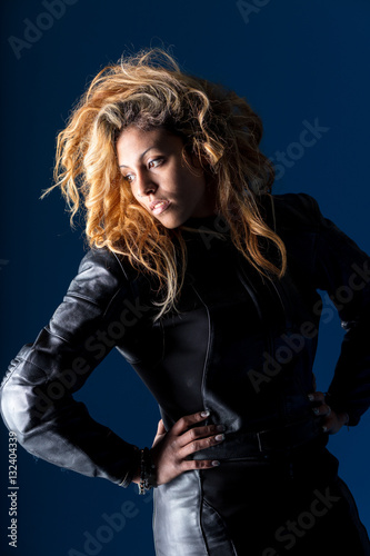 woman on a leather motorsuit