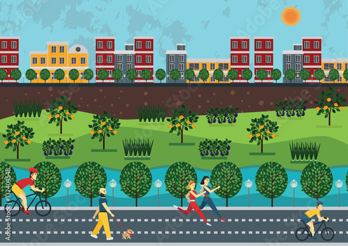 Ecologically sustainable city - harmonic combination of nature, city and recreational activities. People jogging, cycling and walking in the park with the river and urban gardens.