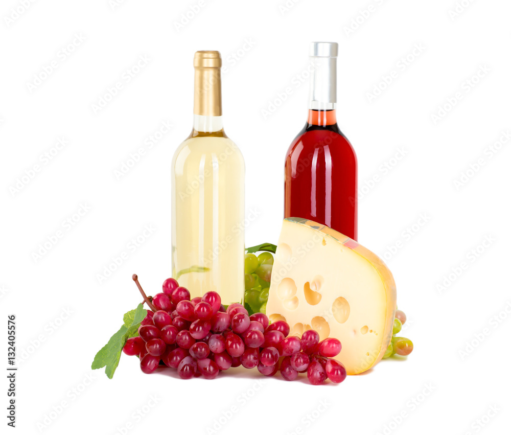 Set of white and rose wine bottles, glas and cheese, red and white grapes. isolated on white background 