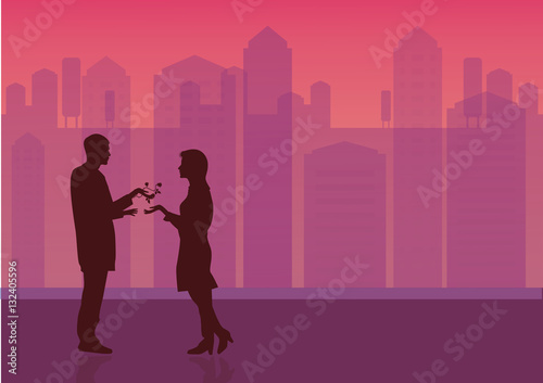 Young Couple in Love, Man holding surprise bouquet of roses for beautiful young woman