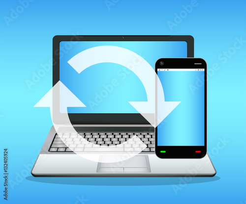 laptop connecing a smartphone to syncing transfer data