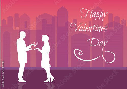 Young Couple in Love, Man holding surprise bouquet of roses for beautiful young woman