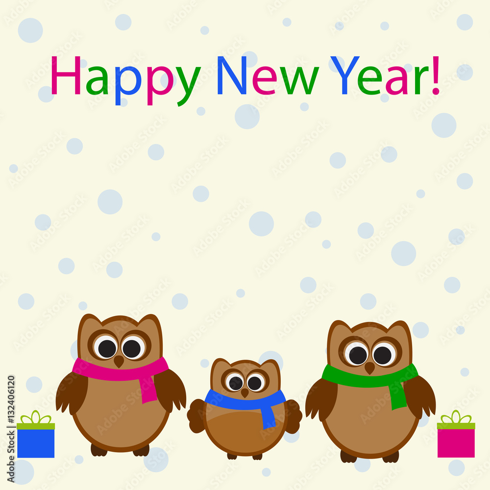 Vector card with Christmas theme. A family of owls with gifts on a snowy background. Vector card with Christmas theme. A family of owls with gifts on a snowy background.