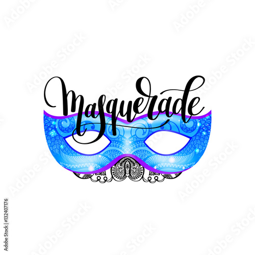 masquerade lettering logo design with mask and hand written word