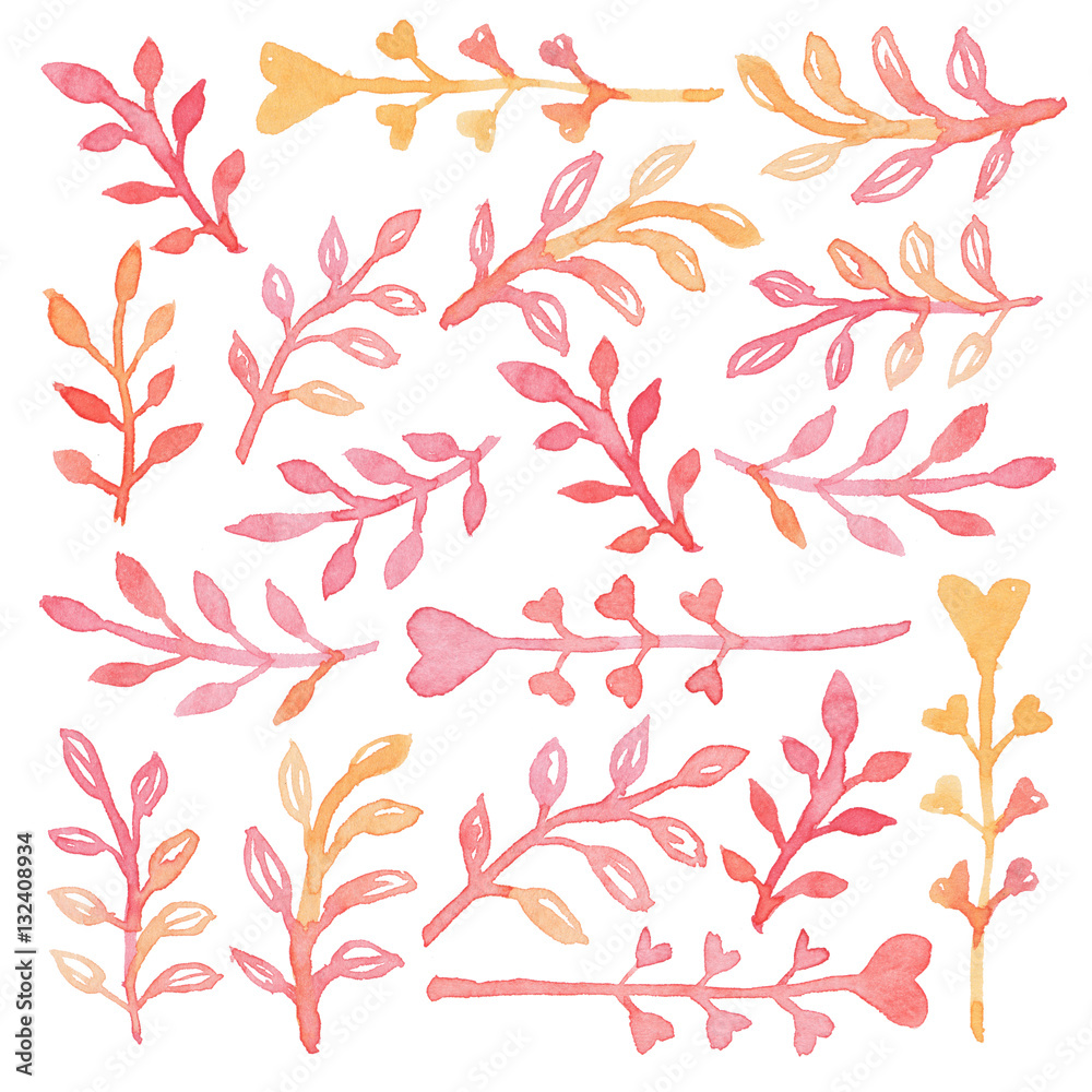 Fototapeta premium Happy Valentines Day watercolor background illustration. Hand-drawn plants. Valentines elements for cards, invitations. 