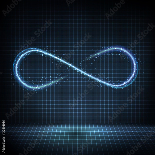 Glowing neon infinity symbol with bright lights and distorted lines on a grid background. Vector technology design