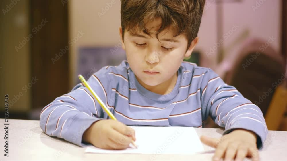 Young boy writing drawing and doing homework at dinner table