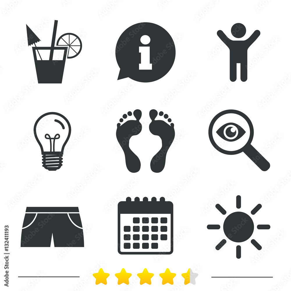 Beach holidays icons. Cocktail, human footprints. Beach holidays icons. Cocktail, human footprints.