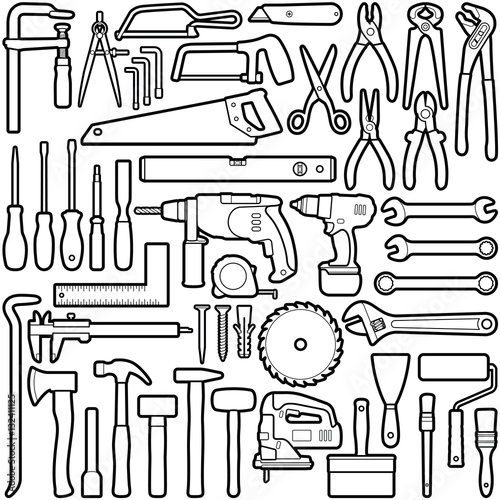 Construction tool collection - vector outline illustration
