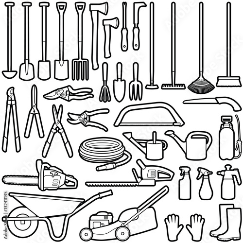 Gardener tools collection - vector outline illustration