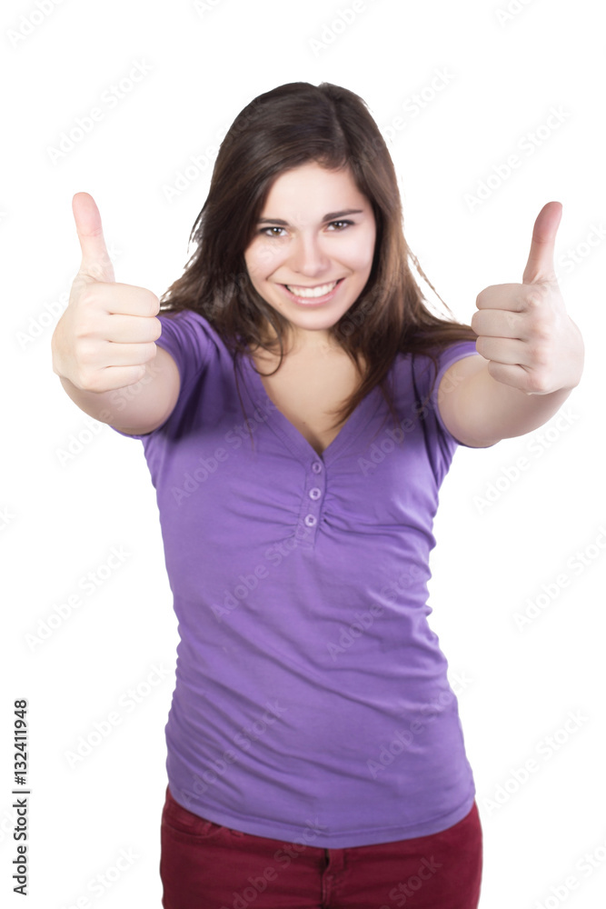 Brunette woman gesturing thumbs up with her hands isolated on white Brunette woman gesturing thumbs up with her hands isolated on white