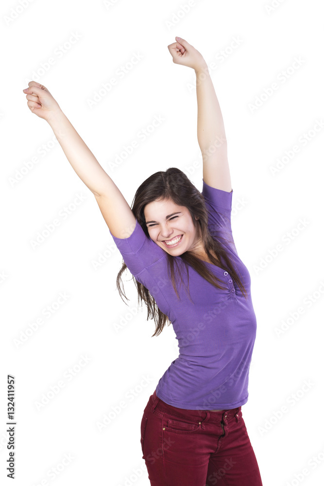 Brunette woman happily celebrated her victory isolated on white Brunette woman happily celebrated her victory isolated on white