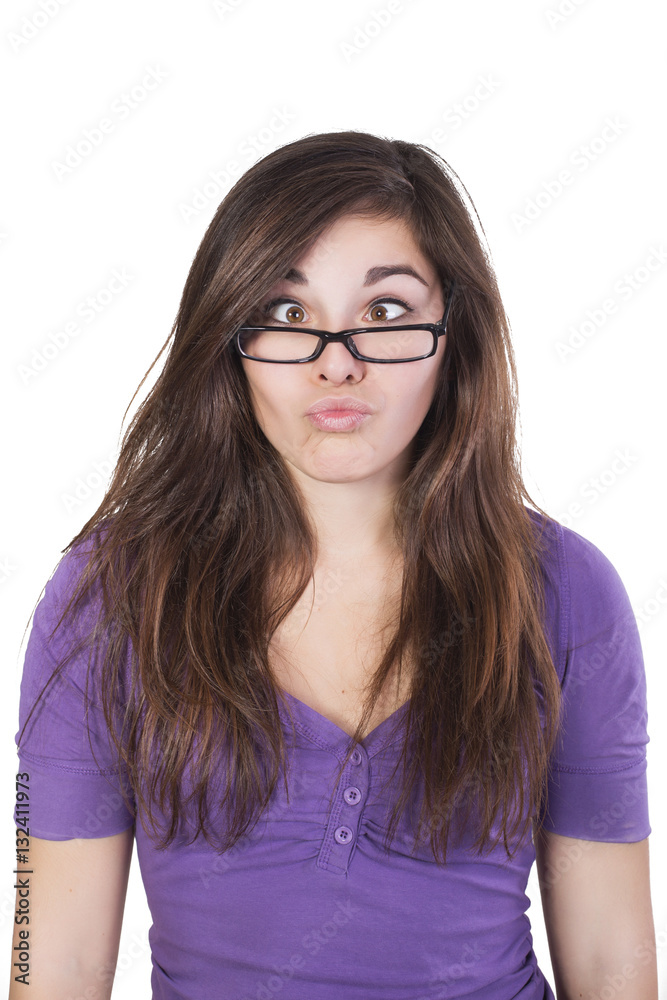 Brunette woman squinted her eyes overwhelmingly isolated on white