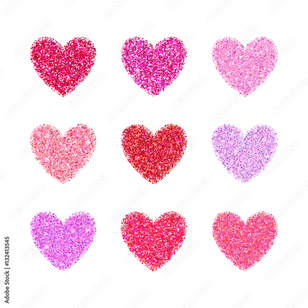 Pink glitter valentine day heart shape. Vector background for wedding invitation, greeting card. Glamorous sparkling banner backdrop.