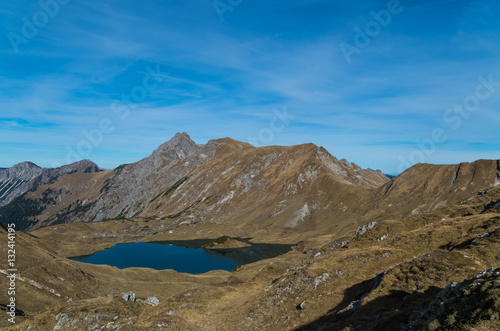 Panorma of mountain lake Schrecksee in Allgau Alps  Germany