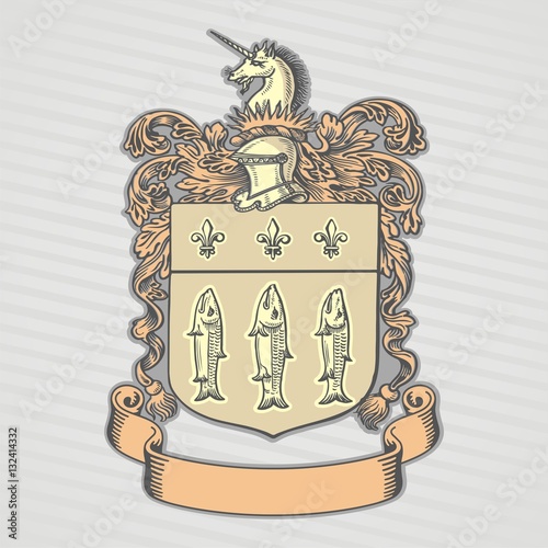 
Vector illustration of classic heraldic design with coat of arms and knight helmet