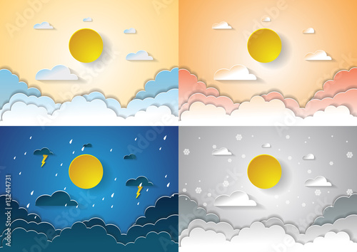 four season concept sky with sun and clouds,paper art design vec
