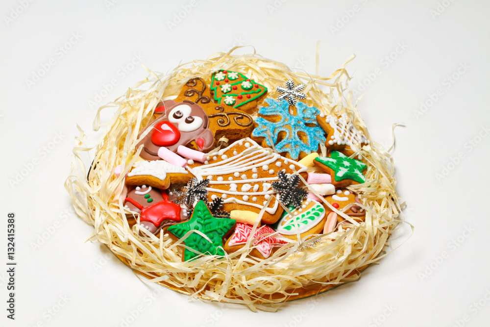 Gingerbread. Reindeer cookies. Christmas sweets are handmade in a beautiful package.