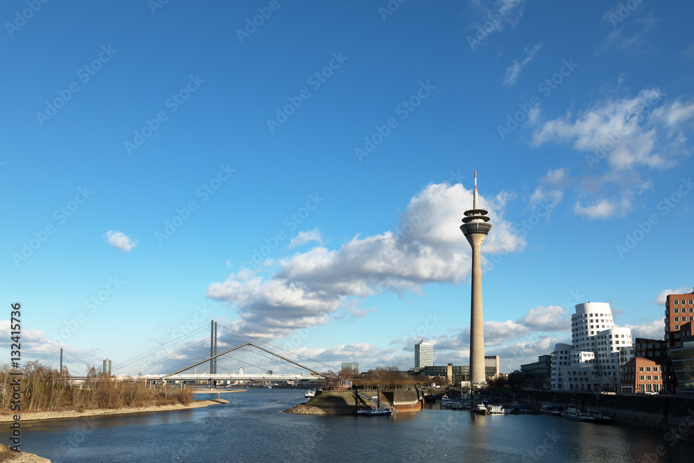 Dusseldorf Bridges River Rhine (Germany) and Rhine Tower Media Harbor