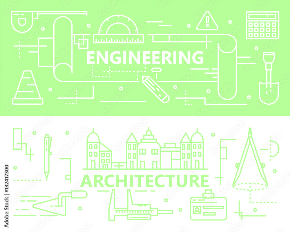 Vector set of thin line Engineering and Architecture concept banners